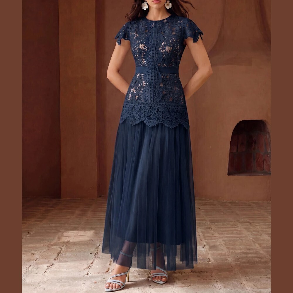 Navy Blue Crochet Lace Scalloped Hem Tulle Mesh Maxi Dress